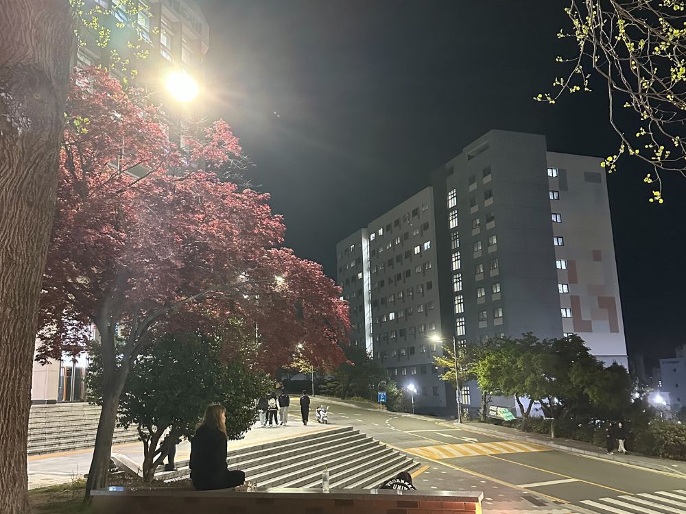 Área próxima à faculdade durante a noite, com prédios residenciais, iluminação urbana e estudantes circulando, destacando a rotina no entorno universitário.