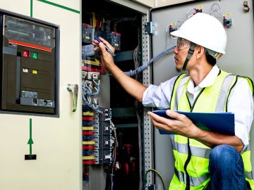 Eletricista com capacete e óculos de proteção realizando verificação em painel elétrico com disjuntores, utilizando ferramenta de medição.